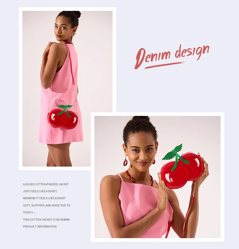 New Creative Cherry Shaped Shoulder Bag Cute Personalized Metal Chain Handbag PU Crossbody Bag Ins Phone Bag Party Bag Female
