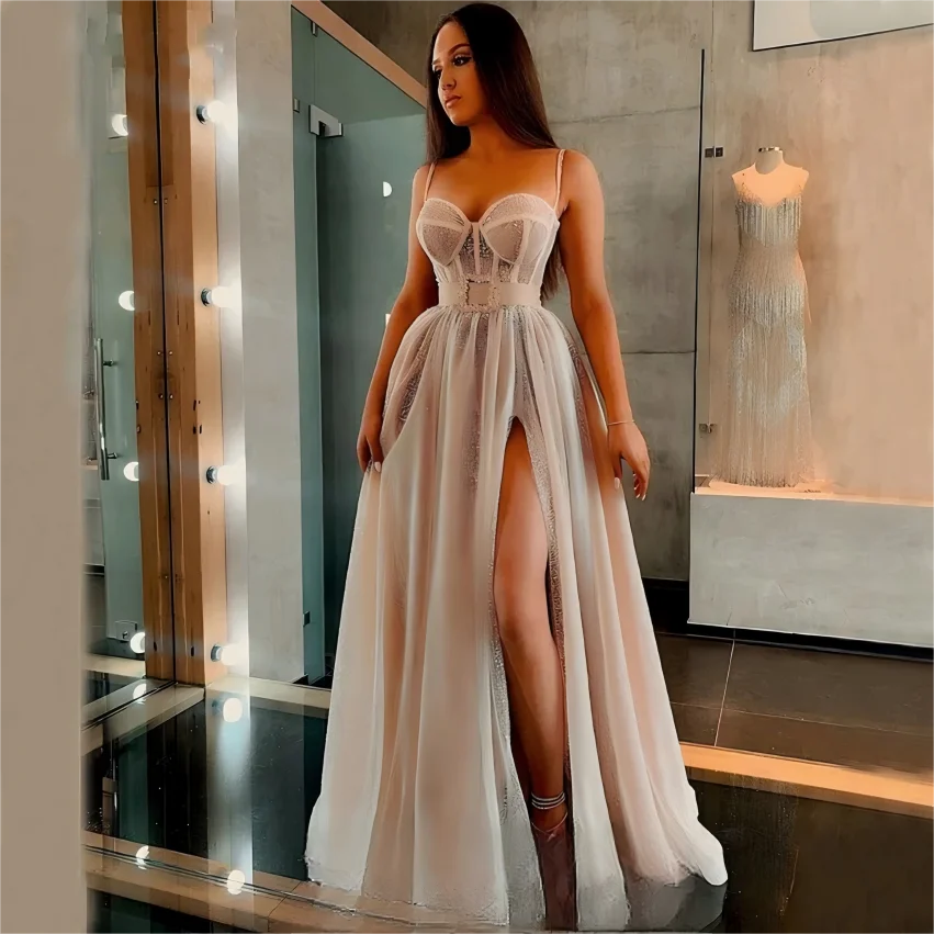 

Sparkling Sequin Evening Dresses Long A-Line Sweetheart Spaghetti Strap Sexy Split Champagne Prom Dress 2021 Formal Party Gowns