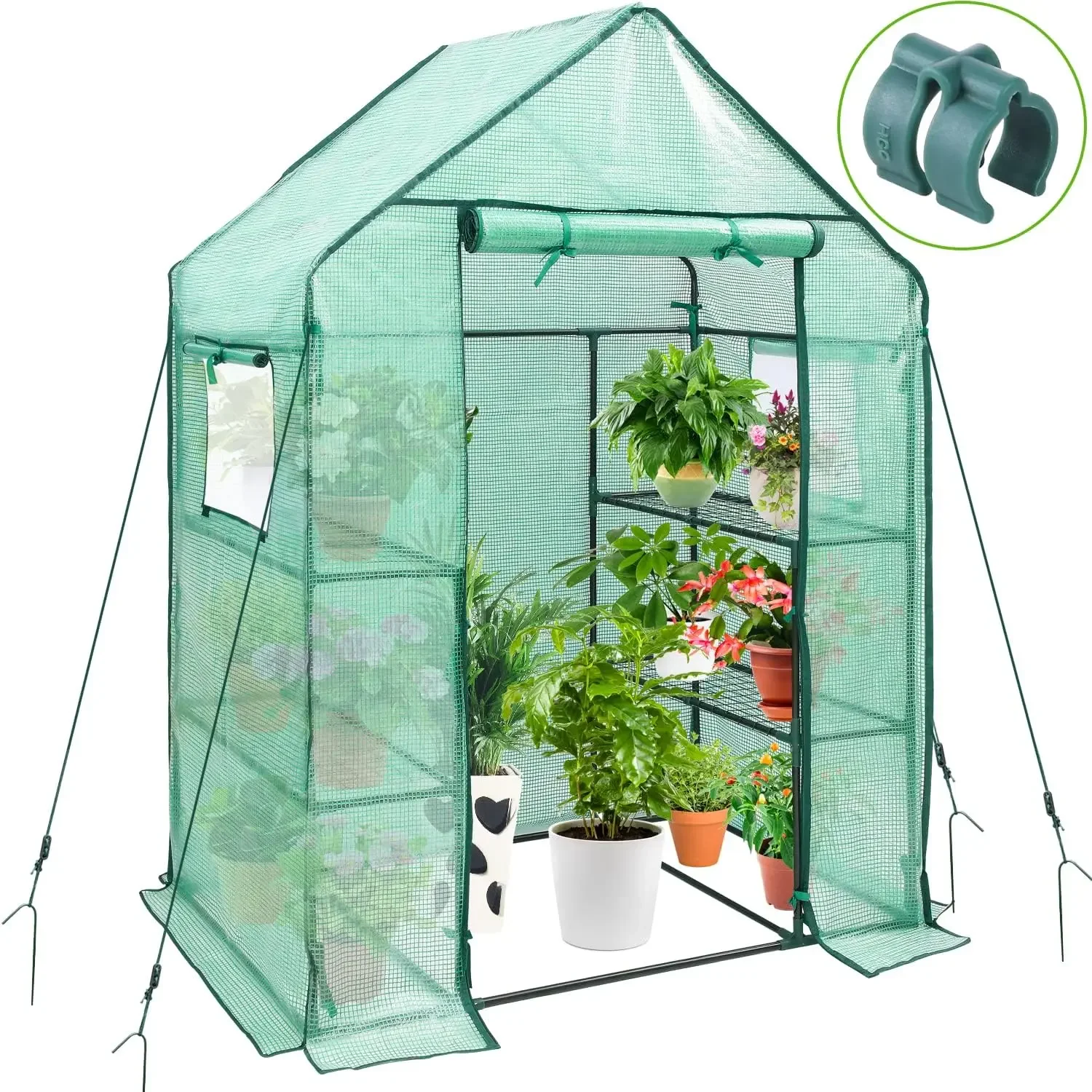 

Greenhouse for Outdoors w/ Mesh Side Windows, 3 Tiers 4 Shelves Small Walk-In Green House Plant Stands Plastic PE Cover