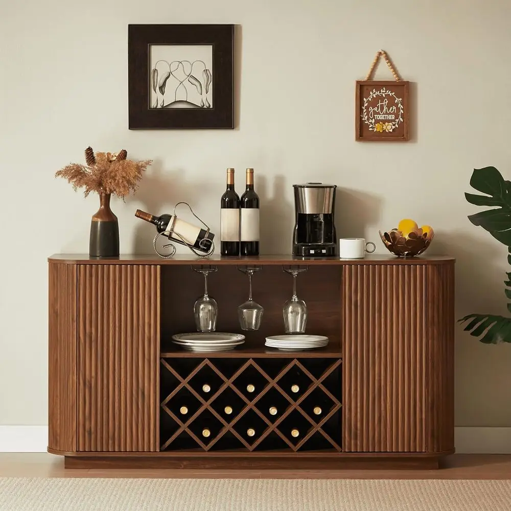 

Walnut Curved Sideboard with Wine Rack & Glass Holder - Versatile Storage for Kitchen, Dining, Living Rooms