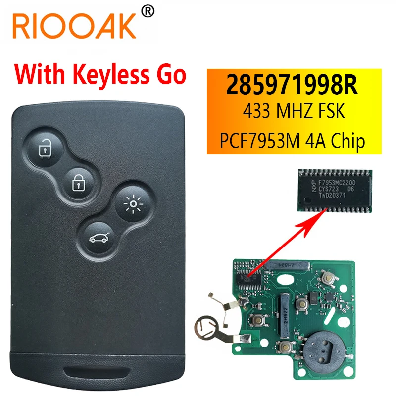 

285971998R PCF7953M 4A Chip 433 MHZ Keyless Smart Remote Key For Renault Clio IV Captur 2009 2010 2011 2012 2013 2014 2015 2017