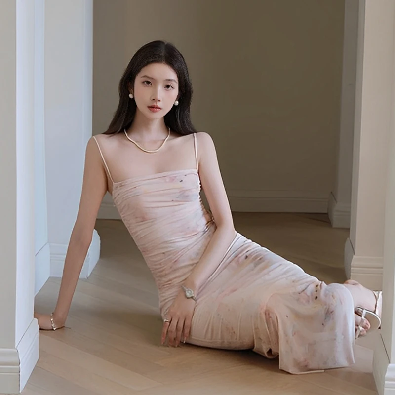 花柄のスプリットヒップスカート新しい夏のサスペンダードレススリムフィットスカート
