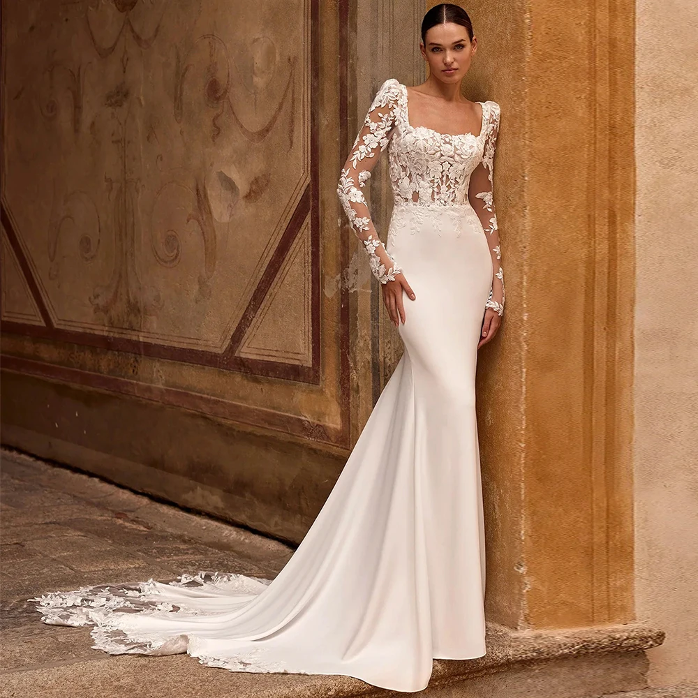

Customized High Quality Mermaid Wedding Dresss 2026 Women Appliques Court Train Long Sleeves Square Collar Jersey Bridal Gowns