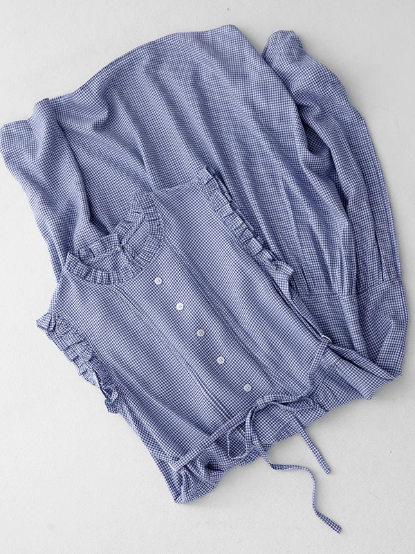 Retro japanische blaue karierte Weste Dr. Damen Sommer Design Sensation Taille Cinching Schlankheitsgurt lang Dr