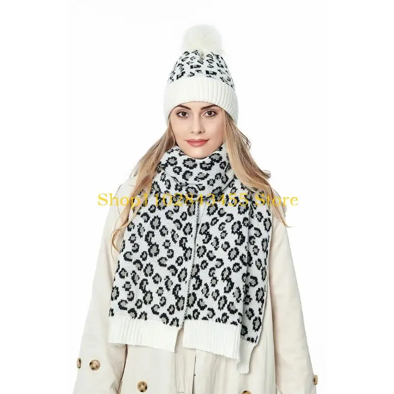 49MC النساء الشتاء محبوك 2 قطعة قبعة صغيرة ووشاح مجموعة خمر ليوبارد طباعة رقيق مكبل الجمجمة قبعة رشاقته شال