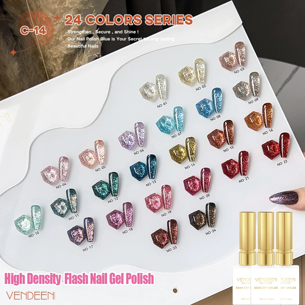 Vendeeni 24 Colors/Set High Density Glitter Gel Nail Polish Semi Permanent Flash Sequin UV LED Soak Off Gel Varnish With Display