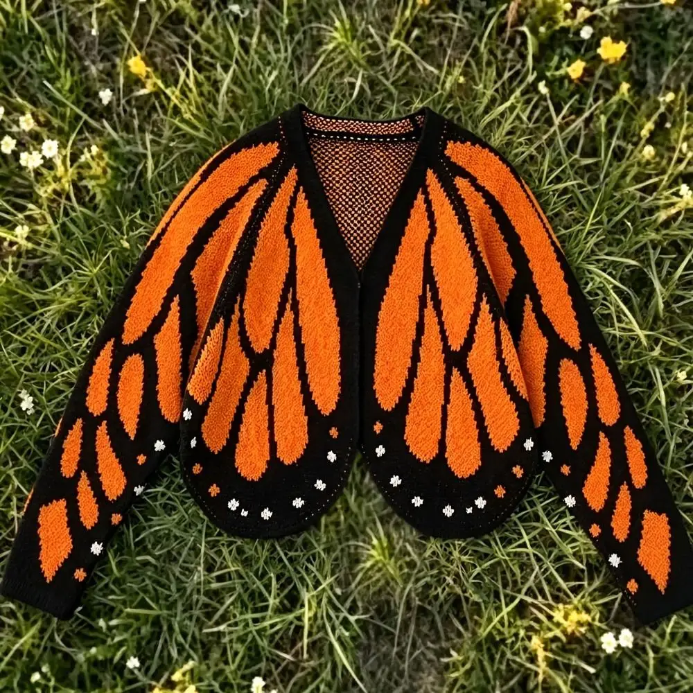 Monarch Butterfly Butterfly Knit Cardigan Batwing Sleeve Hand-knitted Batwing Sleeve Knit Shawl Cape-like Design Flowy