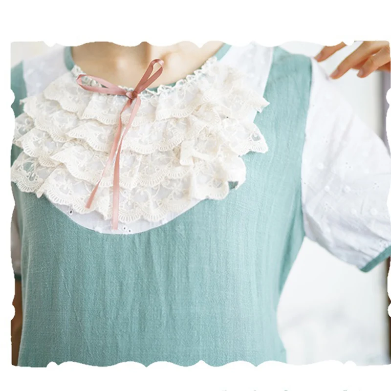 일본 모리 소녀 반팔 드레스 여성 의류 살구 녹색 레이스 자수 카와이 공주 긴 요정 드레스 A034