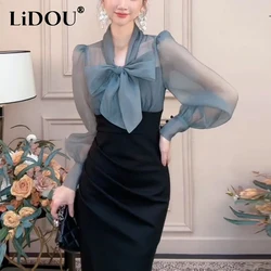 Spring Autumn Women's Elegant Fashion Bow Patchwork Bodycon Dress Ladies Perspective Long Sleeve Temperament Robe Femme Vestidos