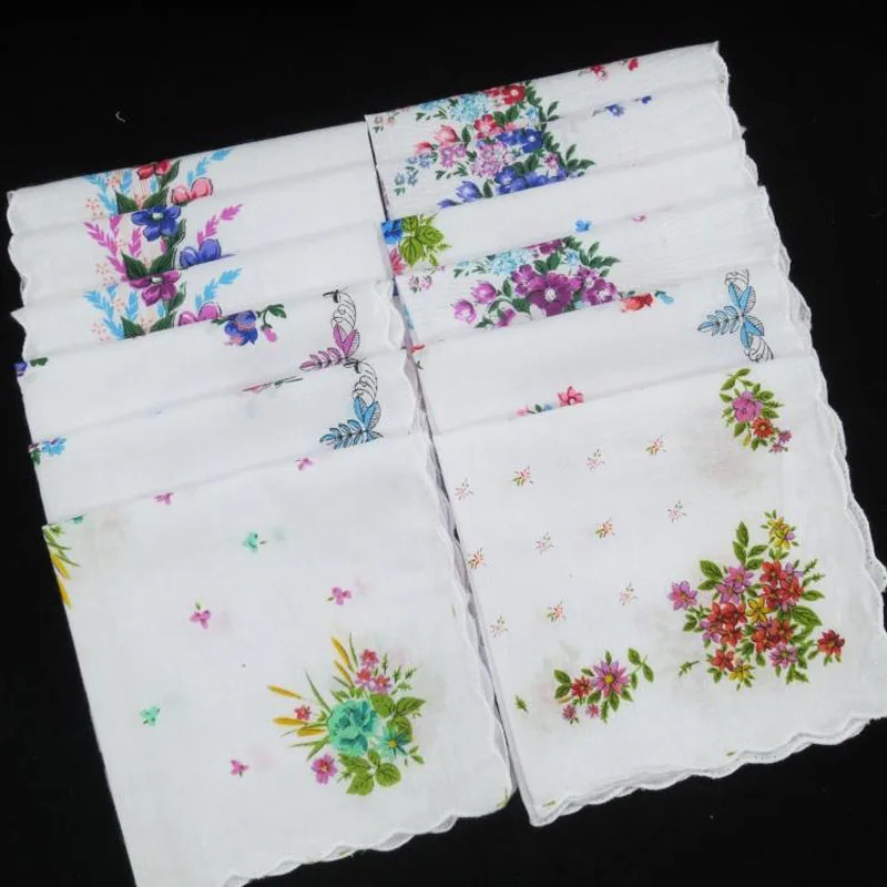 HOT white Ladies square Handkerchief Cotton Flowers Women children print face hand towels Hanky wedding Christmas Gifts 10pcs