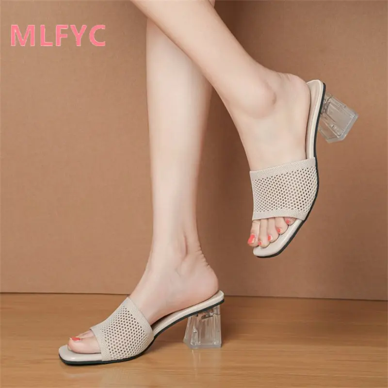 Sandals and slippers ladies wear 2023 new summer square toe square heel high heels women mesh slippers female lazy sandals