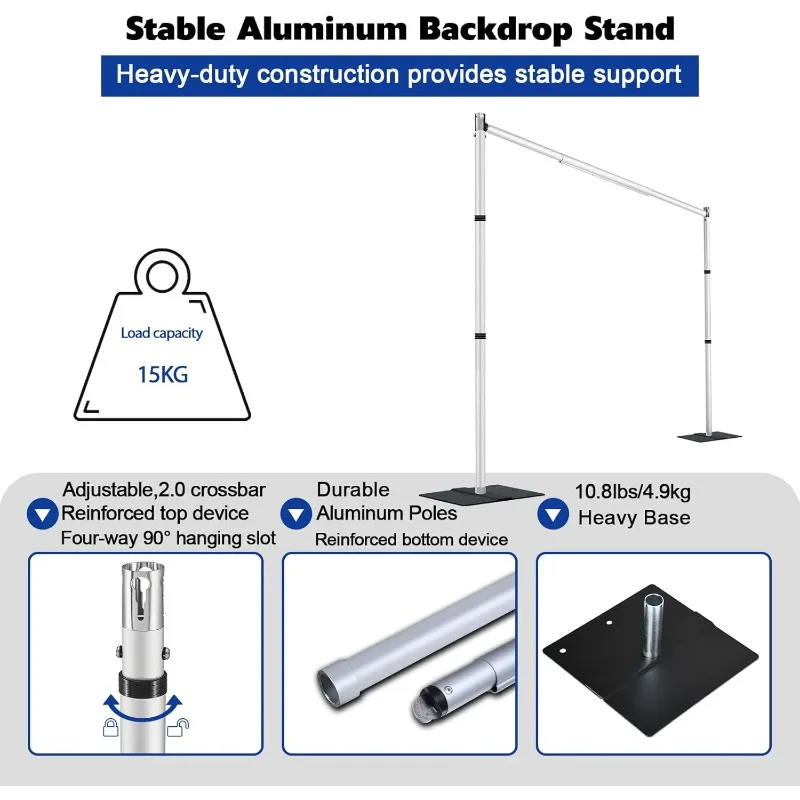 Kit supporto per fondale con tubo a doppia barra trasversale da 10 piedi x 10 piedi, supporto per fondale resistente, sfondo in metallo regolabile