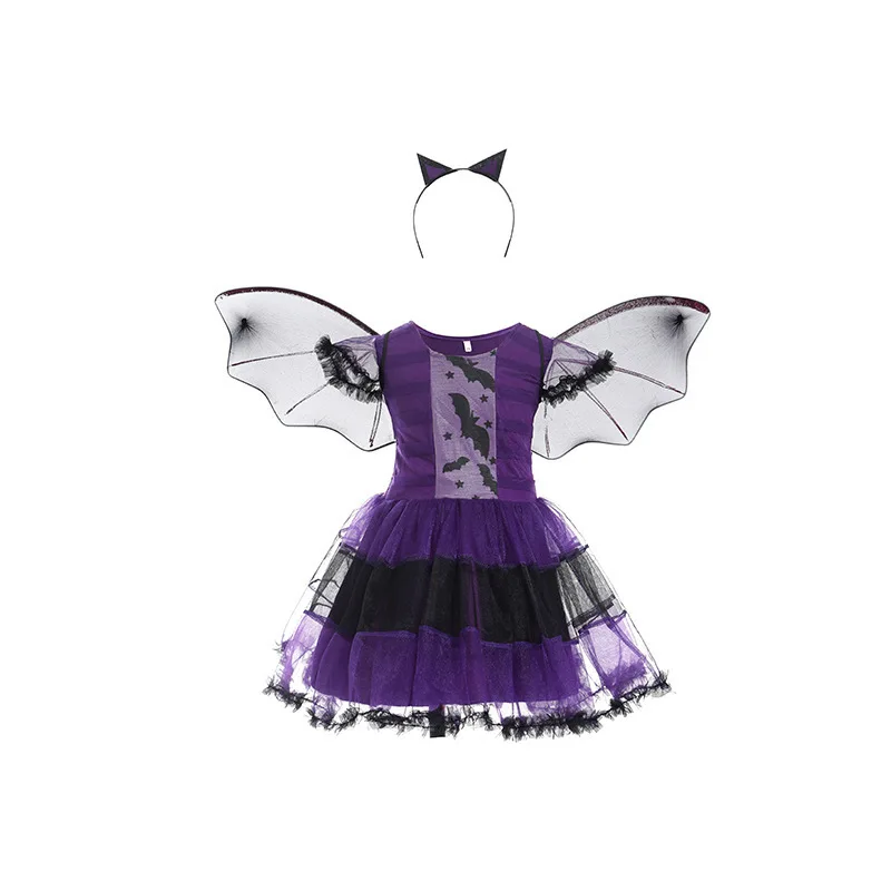 Girls Halloween Vampire Bat Costume Dress with Wings Mask Pumpkin Bucket Accessories Set Kids Purple Witch Cosplay Party Outfit view 3