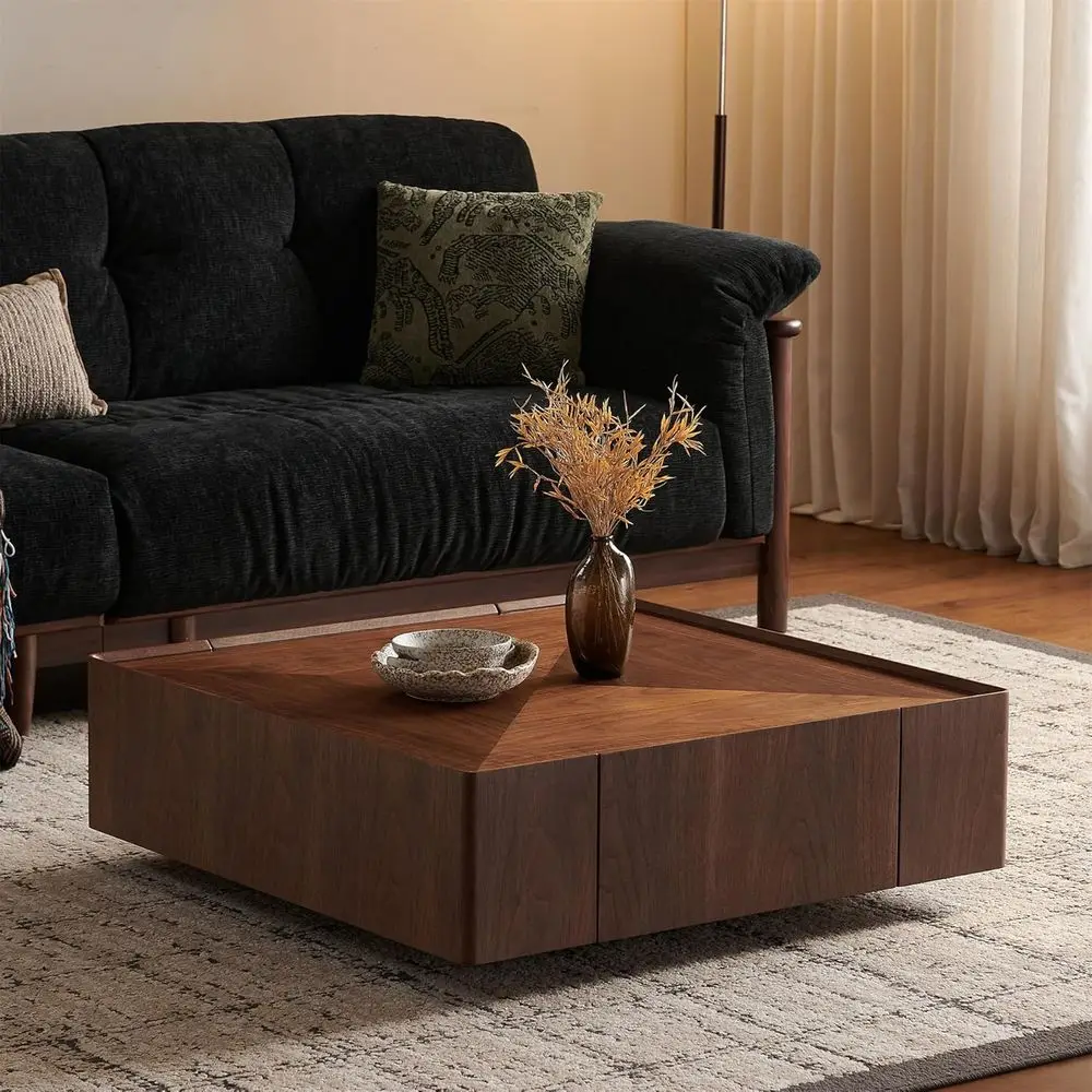 

35.4 Square Wooden Coffee Table with Storage, Fully Assembled, Solid Wood Veneer, Walnut Finish