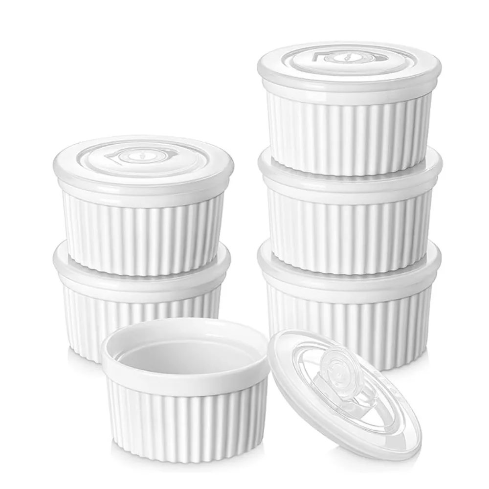 

6 шт., многофункциональная чашка Ramekin на 8 унций с крышкой, устойчивая к высоким температурам десертная чашка, фарфоровая белая чашка для пудинга, духовка