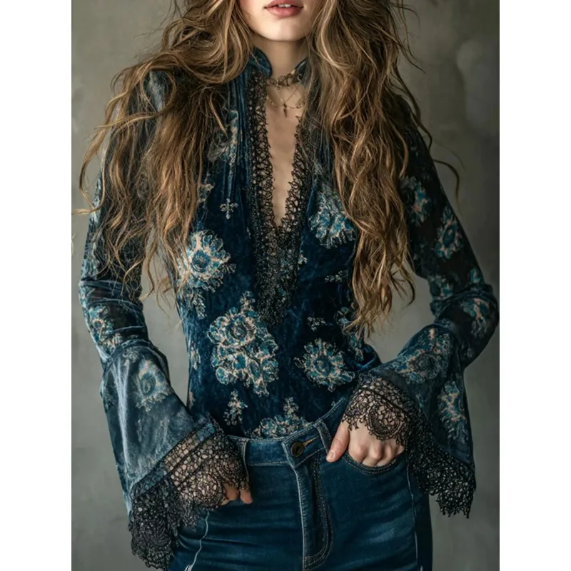 

Elegant Casual Party Daily Boho Chic Top Vintage Blouse for Women Floral Print Shirt Deep V Neck Lace Trim Bell Sleeve