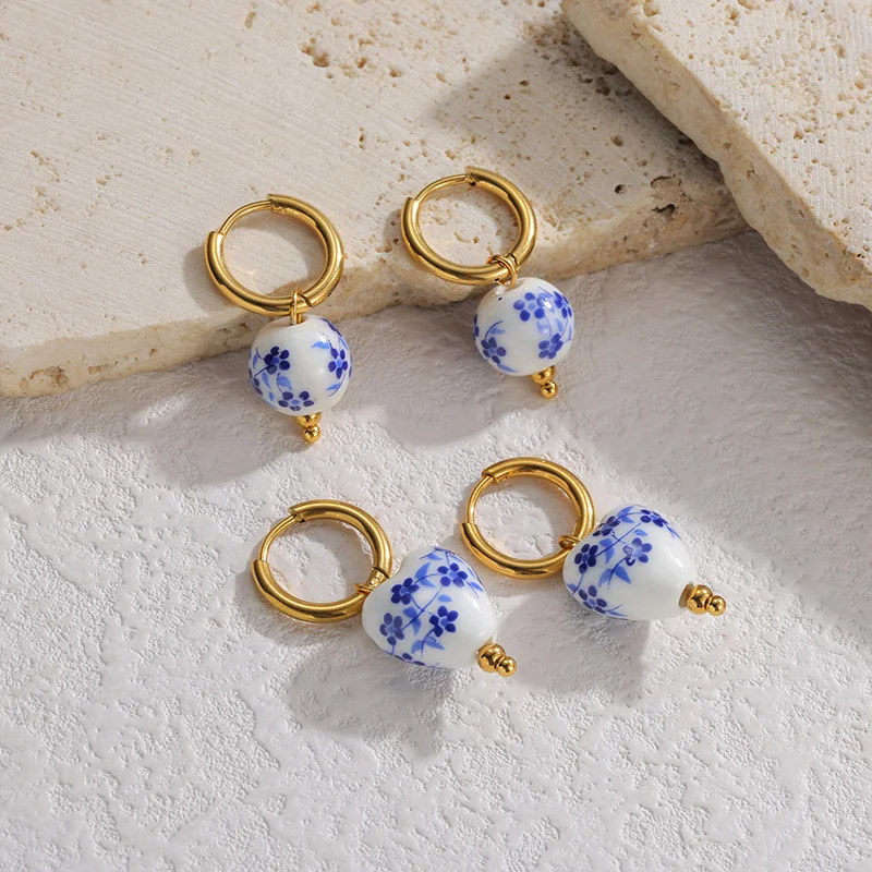 Kissmoon Fashion Blue And White Porcelain Ceramic  Pendant Multi-element Style Earring Stainless Steel for Women Party Jewelry image 2
