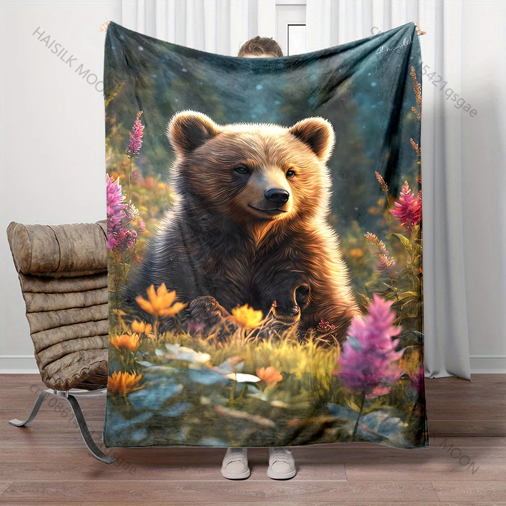 Multiple sizes Cute bear in flower meadow print blanket adult children warm for home travel soft and comfortable blanket