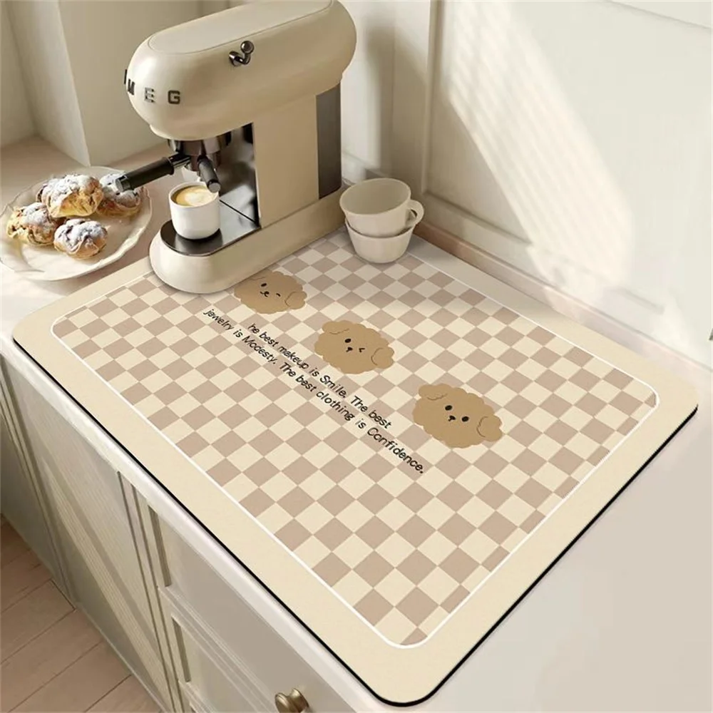 Coffee Machine Cute Bear Drain Mat Kitchen Countertop Simple Cream Absorbent Mat Table Table Washable Dry Non-slip Mat