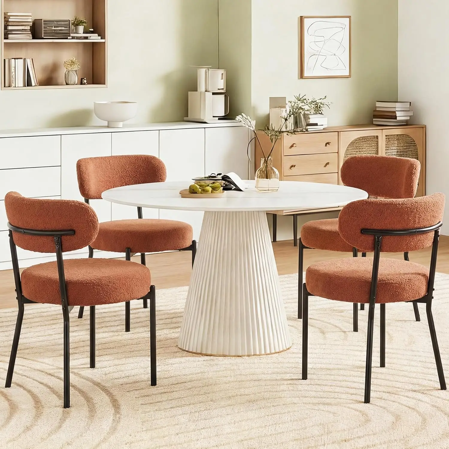 

Set of 2 Modern Dining Chairs with Curved Backrest, Upholstered in Orange Fabric and Black Metal Legs for Kitchen or Living Room