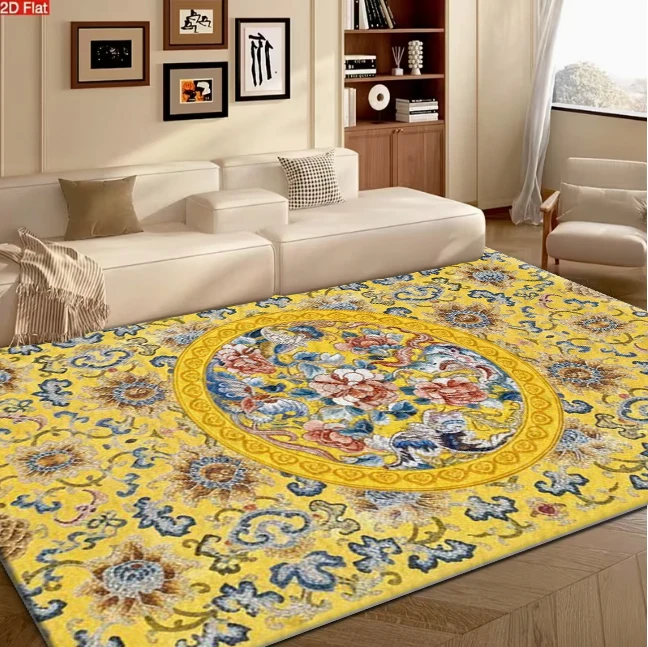 Luxury Yellow Oriental Floral Medallion Area Rug Traditional Printed Decorative Floor Rug for Living Room Indoor Home Ornament
