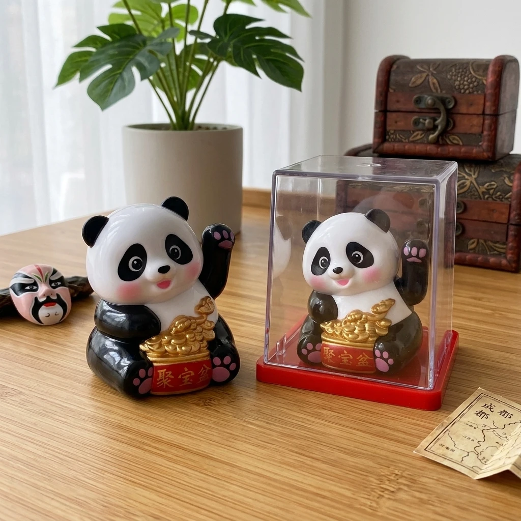 2 Inch Solar Powered Panda Waving Car Decoration Office Desk Ornament Chinese Cute Panda Museum-Souvenir Figurines Crafts