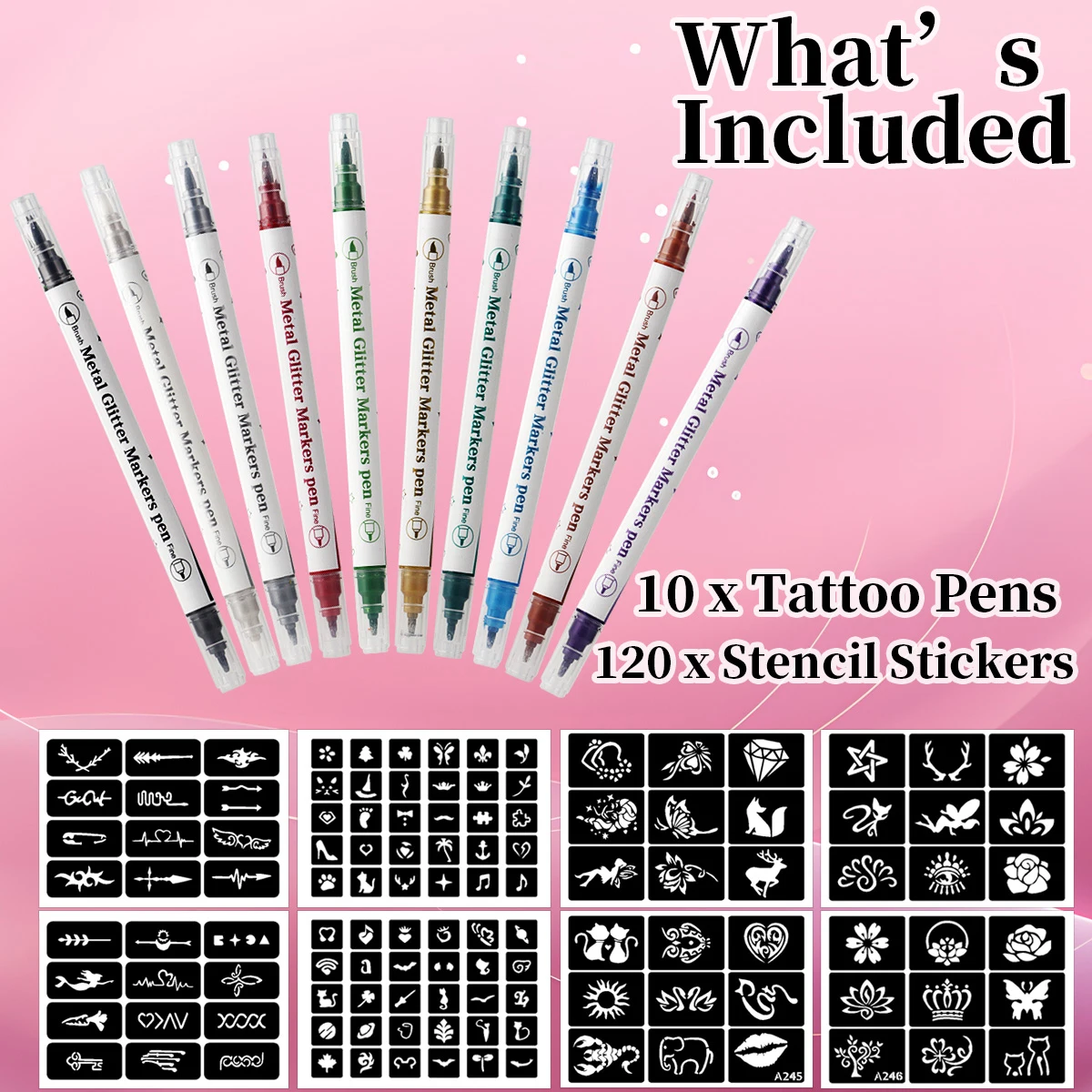 

Body Marking Pen With Tattoo Templates Set, Temporary Skin Tattoo Pen, Suitable For Body And Facial Coloring Tattoo - 10 Colors