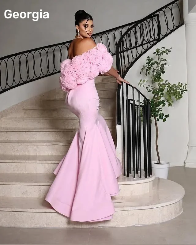 Customized Evening Dresses Mermaid One-Shoulder Floor-Length Wedding Dress Flowers Zipper Up Short Sleeves Luxury Evening Dresse