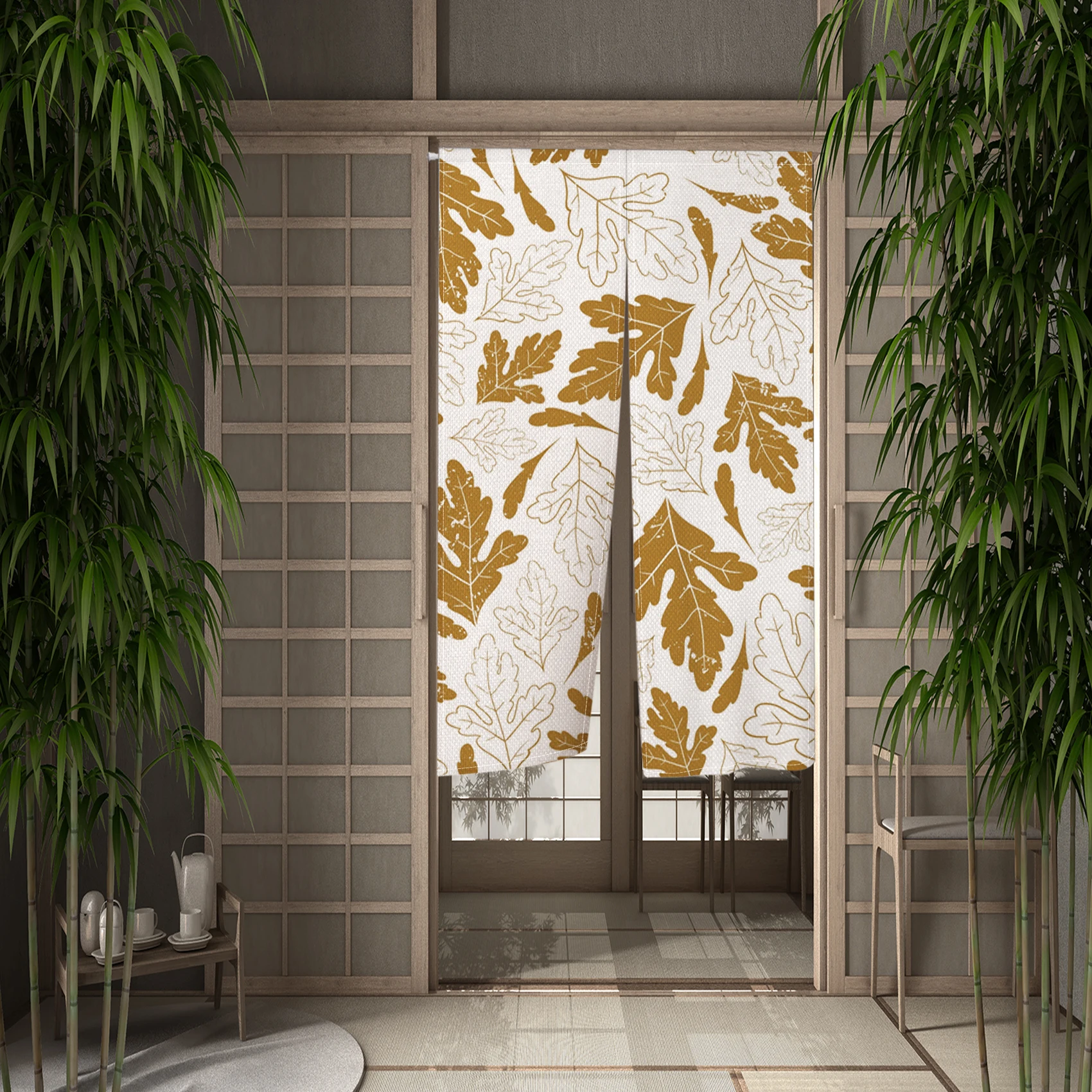 Golden Leaves Flowers Door Curtains Art Japanese Doorway Living Room Partition Curtains Drape Entrance Hanging Half-Curtain Prop