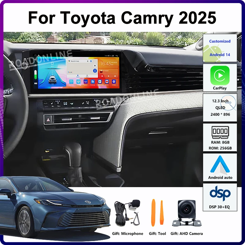 

12,3 "Android 14 для Toyota Camry 2025 автомобильный мультимедийный плеер GPS головное устройство стереоприемник радио CarPlay 2400*896 8 + 256 ГБ QLED