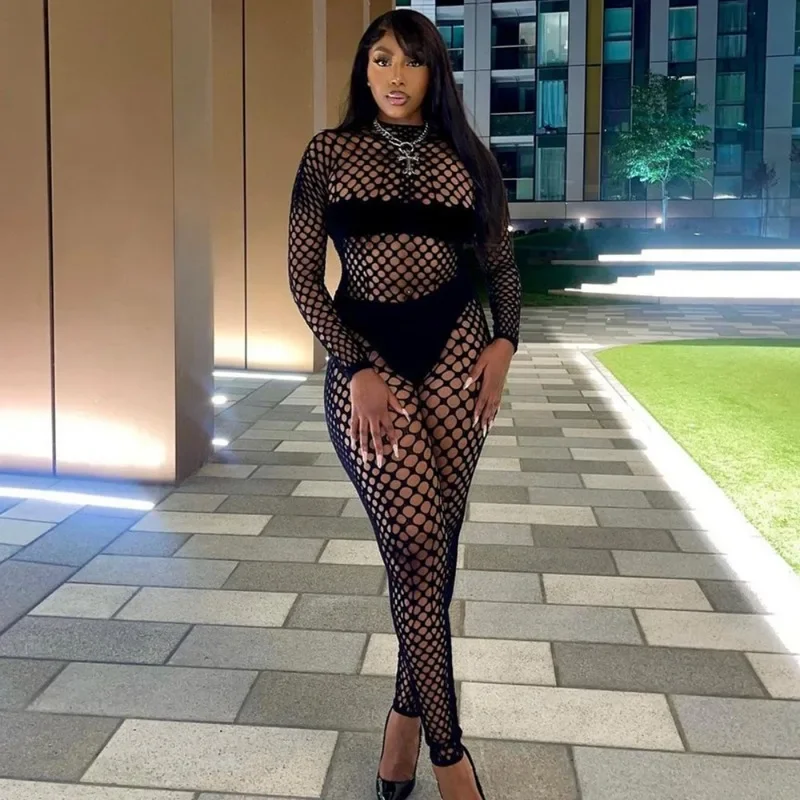 

Women Hollow Out Fishnet Two Piece Set High Stretch See Through Turtleneck Long Sleeve Crop Top Leggings Pants Sexy Club Suits