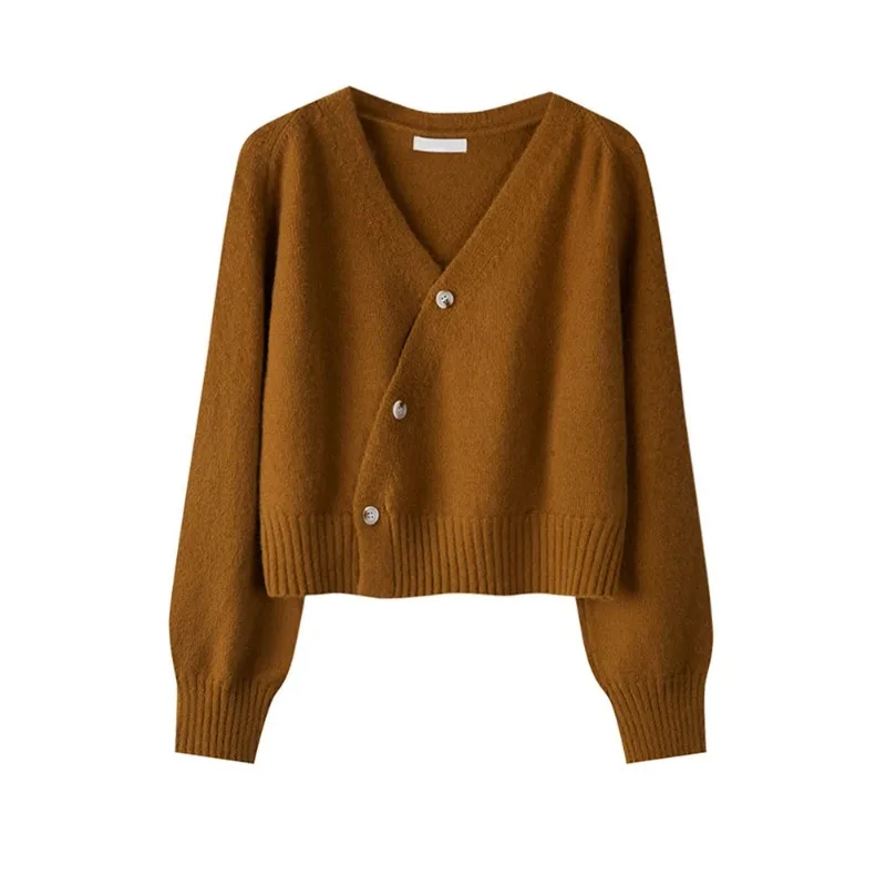 Autumn Winter Skew Button Cardigan V-neck Sweater Women Knitted Long Sleeve Tops Korean Loose Solid Cashmere Sweater for Woman