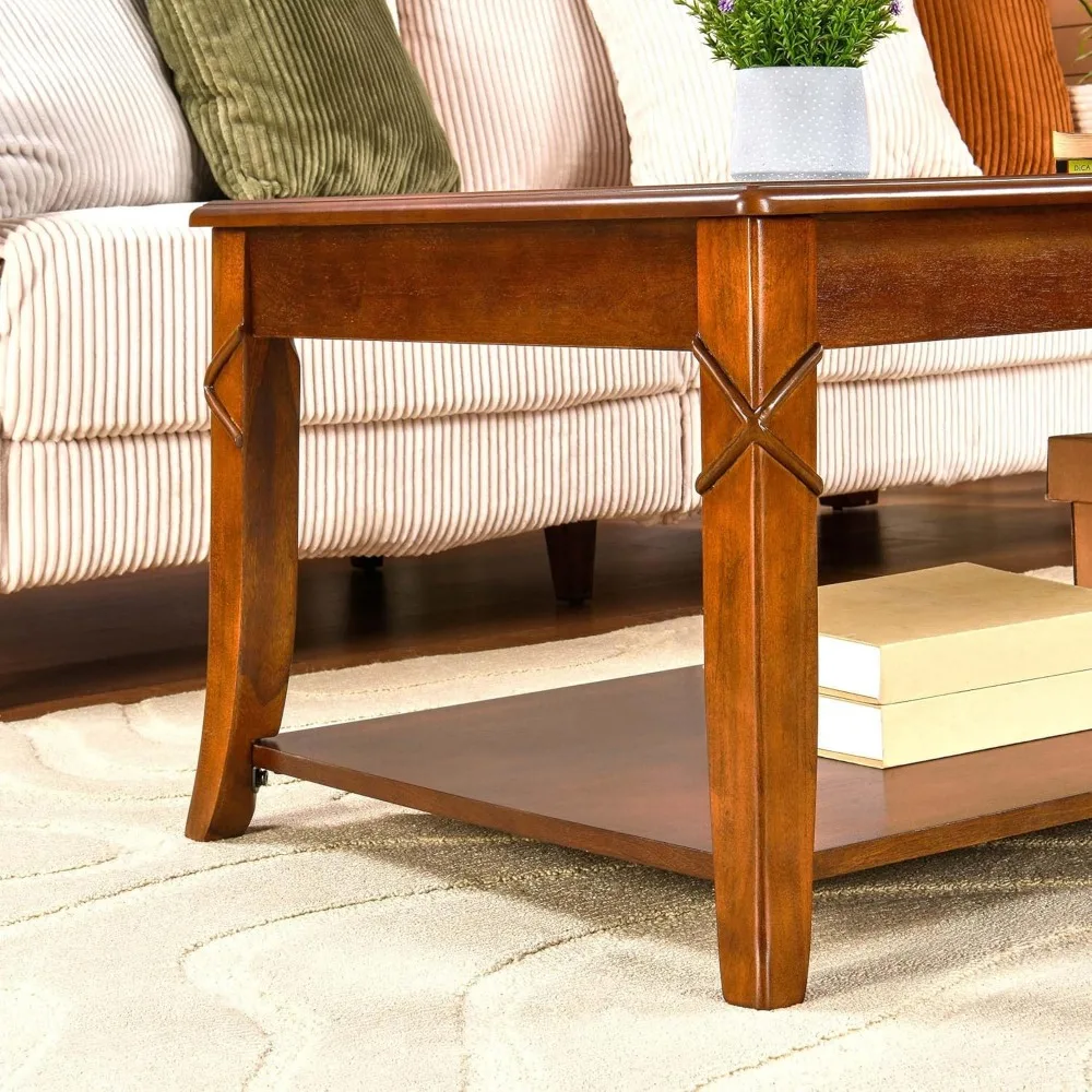 Solid Wood Coffee Table with Storage Shelf, Mid-Century Living Room Table with Wood Carved Tabletop and Leg, 43.3” Splicing Coc