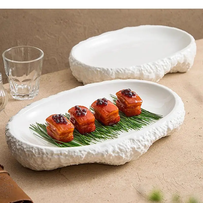 Irregular Rock Texture Ceramic Dinner Plate Pure White Dessert Fish Sushi Plates Restaurant Specialty Tableware