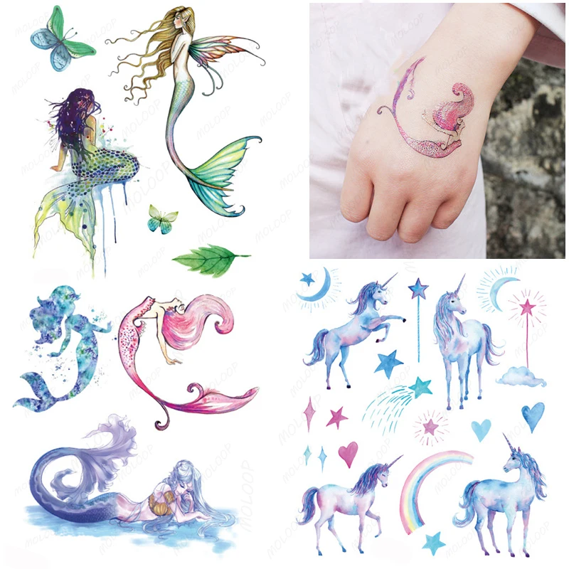 Tattoo Sticker Temporary Cartoon Mermaid Leaf Horse Animal Tatoo Arm Hand Leg Chest Makeup Art for Kids Women Men Fake Tatoos