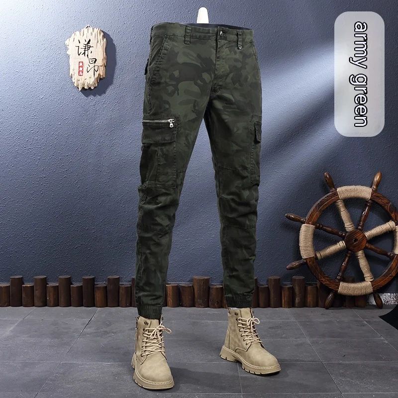 

Outdoor Camouflage Overalls Men's High-End and Fashionable Quality Men's Elastic Slim Fit Ankle-Tied Long Casual Pants Thick