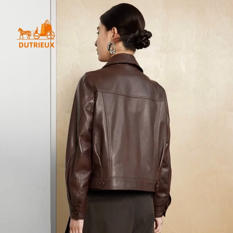 Winter Women's Lapel Double Pocket Zipper Short Real Leather Jacket, 100% Genuine Sheepskin Fashion Urban Modern and Noble Coat