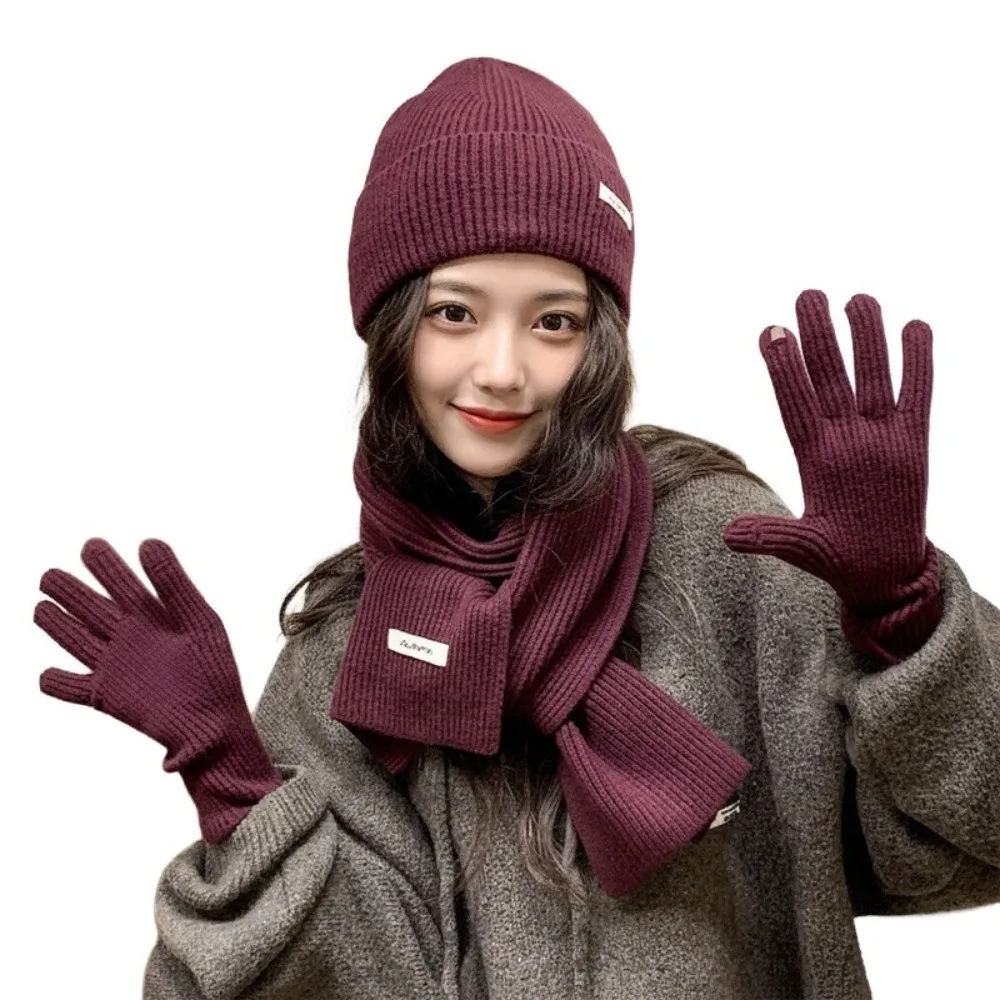 New Red Hat Scarf Gloves Set Warm Cotton Thickened Knitted Woolen Cap New Year Ear Protection Winter Beanie Hats Christmas Gift