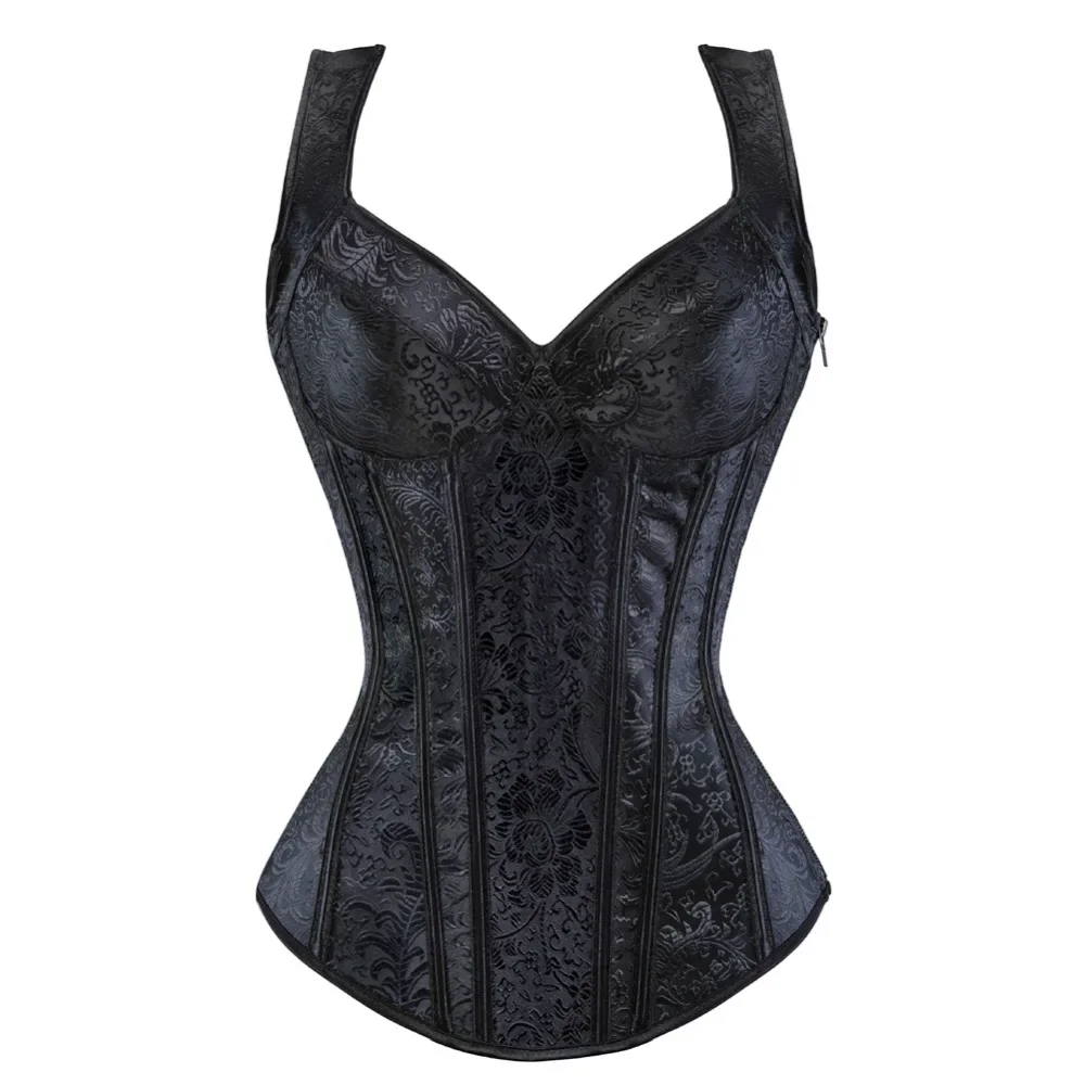 Vintage Women Gothic Corset Top With Straps Overbust Sexy Bustier Zipper Brocade Push Up Corselet Vest Lingerie Plus Size