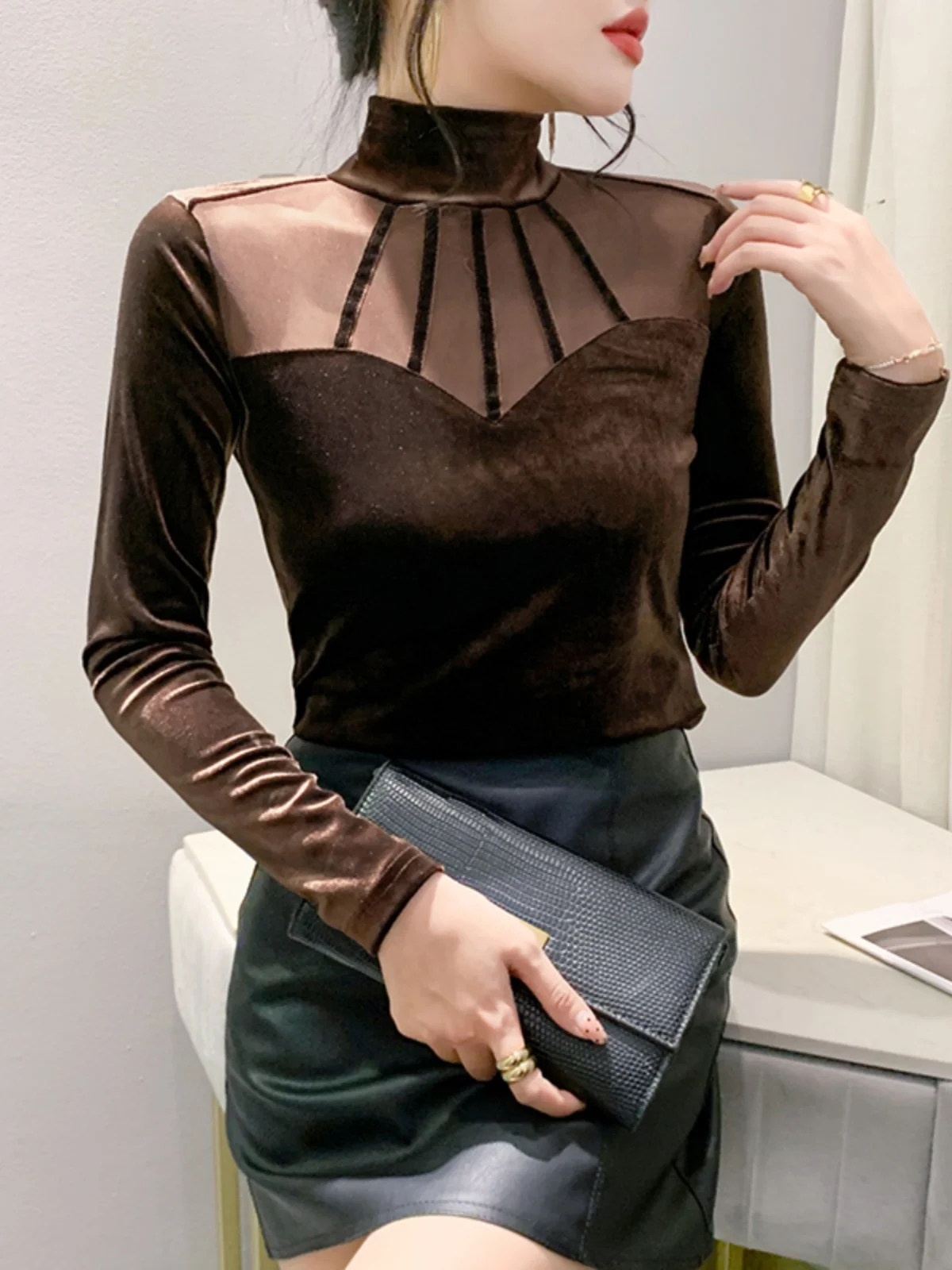 Autumn Winter Fashion Velour T Shirts Women\'s Velvet Spliced Mesh Turtleneck Full Sleeve Tops Lady Stretch Slim T-shirt HF5808