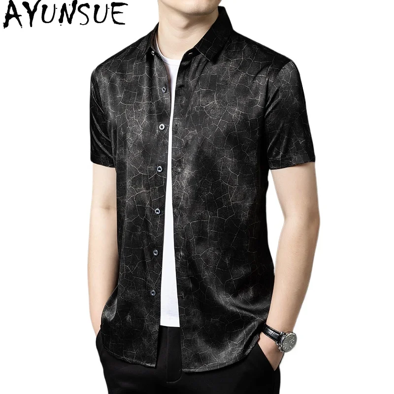 

AYUNSUE 92.5% Mulberry Silk Men Shirt 2026 Summer Tops Short Sleeve Casual Shirts Man Clothing Fashion Black Shirt Streetwear