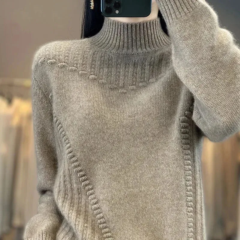 Sweater Korea wanita, pakaian rajut lengan panjang kerah setengah tinggi musim gugur musim dingin wanita warna polos rajutan