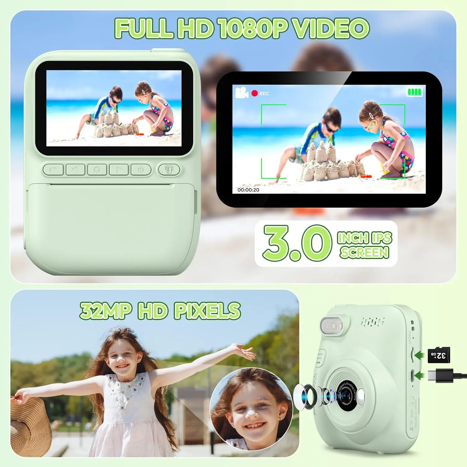 Instant Print Kids Camera, Portable Digital Camera for Toddlers, Birthday Graduation Gift for Kids Ages 3-12, Outdoor Travel Toy with Photo Printing for Boys Girls, Green view 3