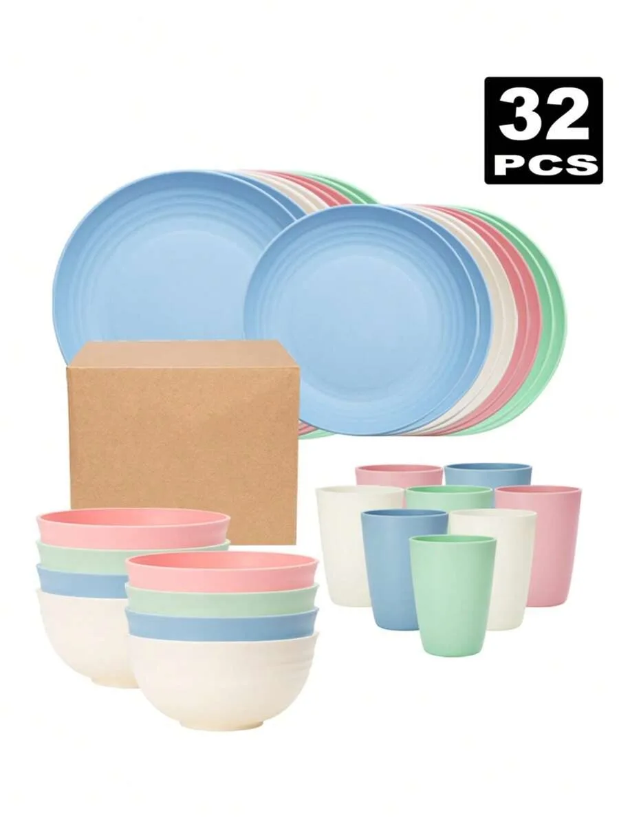 4/16/32pcs Plastic tableware set, reusable, dinner plate/dessert plate/cereal bowl/cup, suitable for outdoor camping parties