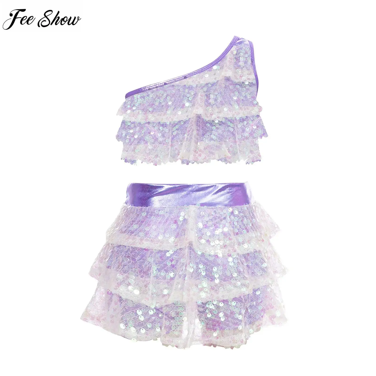 

Kids Girls Dance Outfit Shiny Sequins Tiered Ruffles Sleeveless Crop Top One Shoulder Vest with Metallic Skirted Shorts Culottes