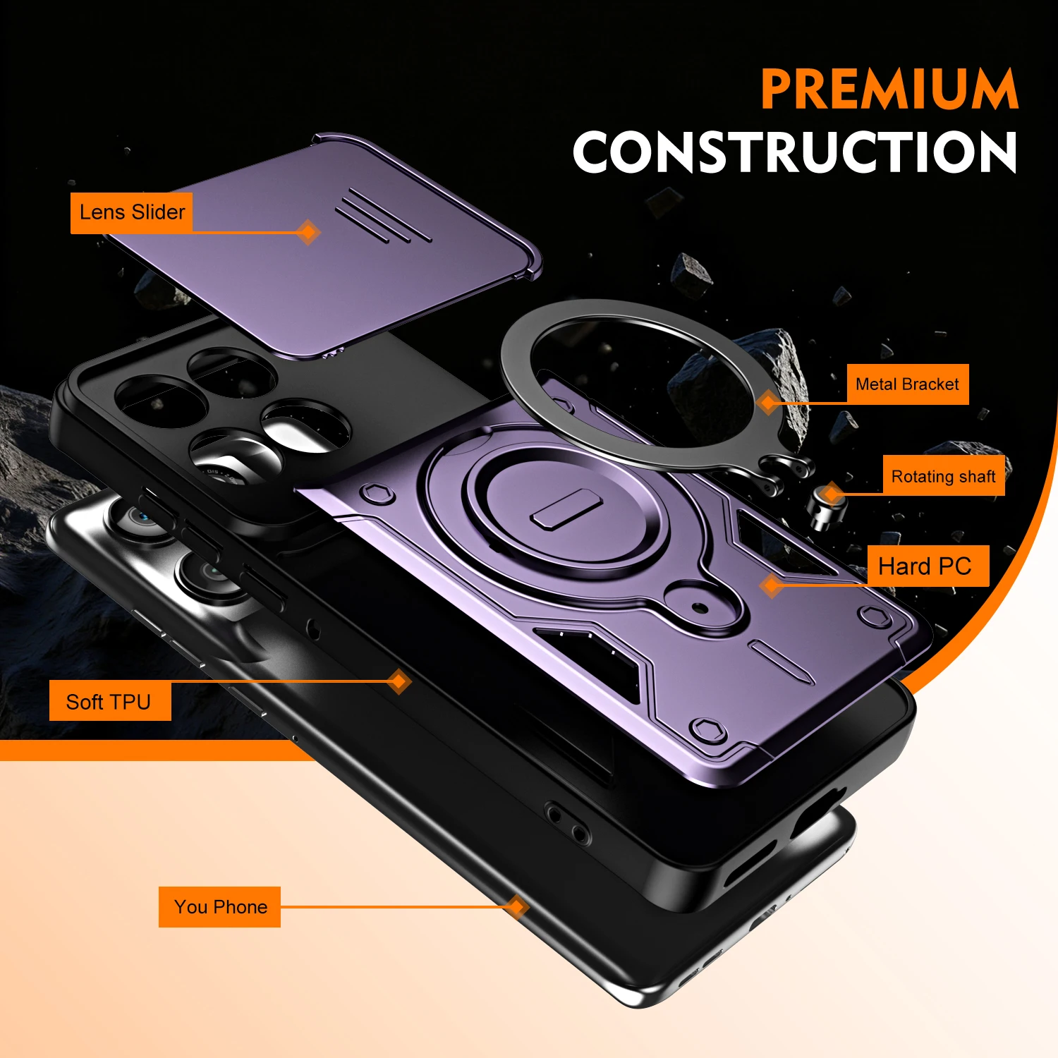 Stoßfeste magnetische Ringständerhülle für Motorola Edge 70 60 50 Fusion Pro G86 G56 G06 G85 G15 G05 mit drehbarer Schiebe-Kameralinsenabdeckung. – Detail 7