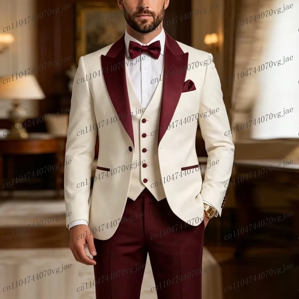 

Бордово-белый мужской костюм для свадьбы, вечеринки, деловых встреч, смокинг для жениха, индивидуальный пошив, комплект из 3 предметов: пиджак, жилет, брюки