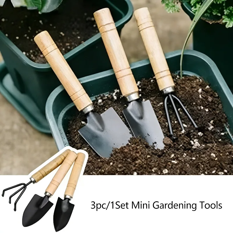 Conjunto de Ferramentas de Jardinagem Mini 3 Peças/1 Conjunto: Ferramentas para Escavar e Desherbar, Ferramentas para Vasos de Flores e Plantas, Pá e Rastelo com Cabo