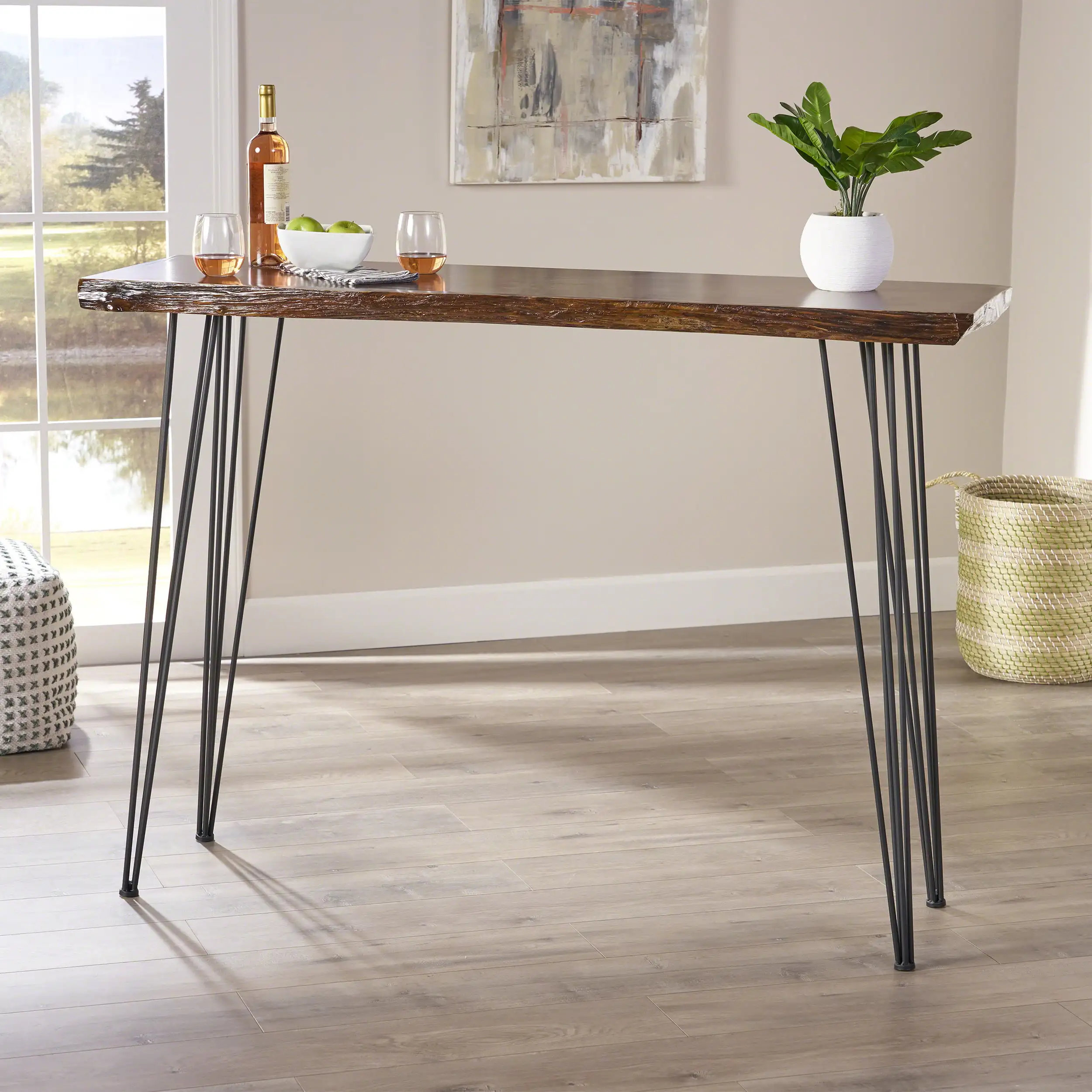 Industrial Faux Live Edge Rectangular Bar Table Kitchen Bistro Pub Table, Natural Finish
