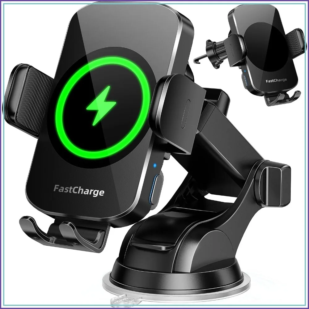 Wireless Car Charger, Fast Charging 3-in-1 Phone Mount, Auto Clamping, Compatible with iPhone 16-11 & Samsung S23-S9, Midnight Black